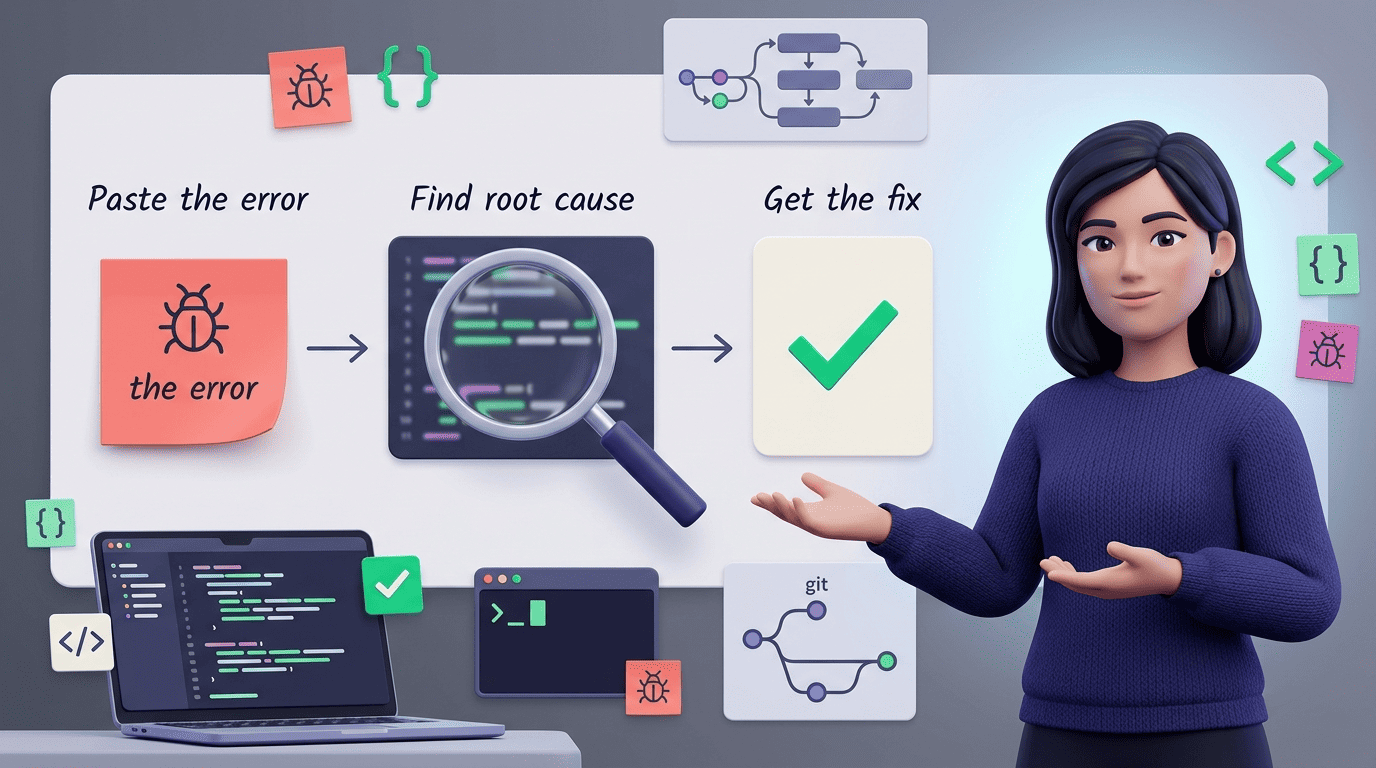 Flow diagram: paste the error, an AI code writer finds the root cause, then returns the fix