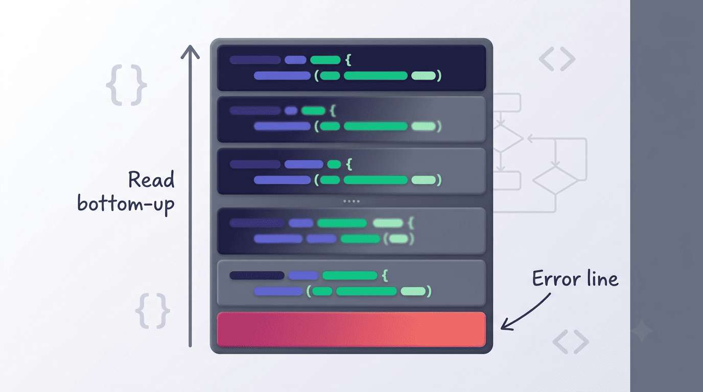 Diagram of a stack trace read bottom-up with the error line highlighted at the bottom