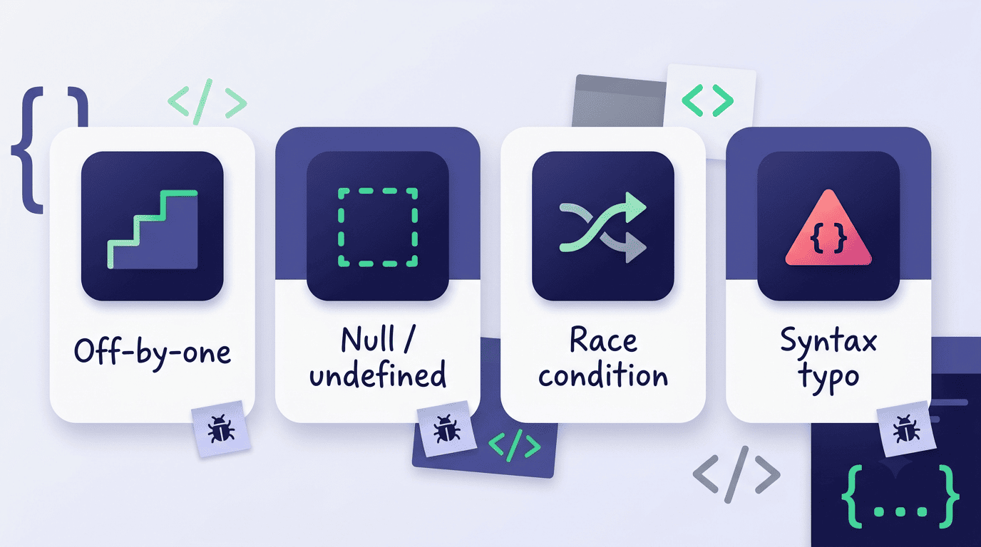 Comparison of four common bug classes: off-by-one, null or undefined, race condition, and syntax typo
