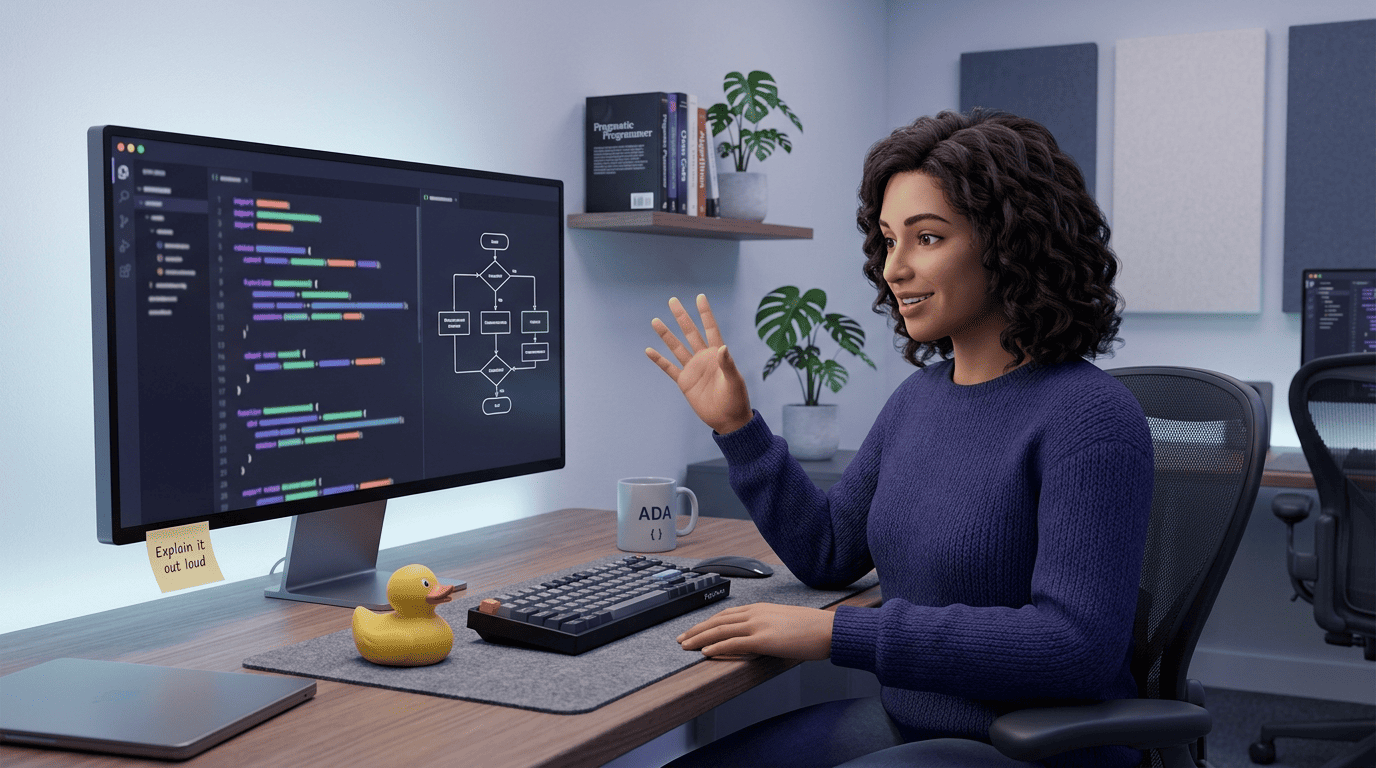 Software engineer Ada explaining her code aloud to a rubber duck beside her keyboard