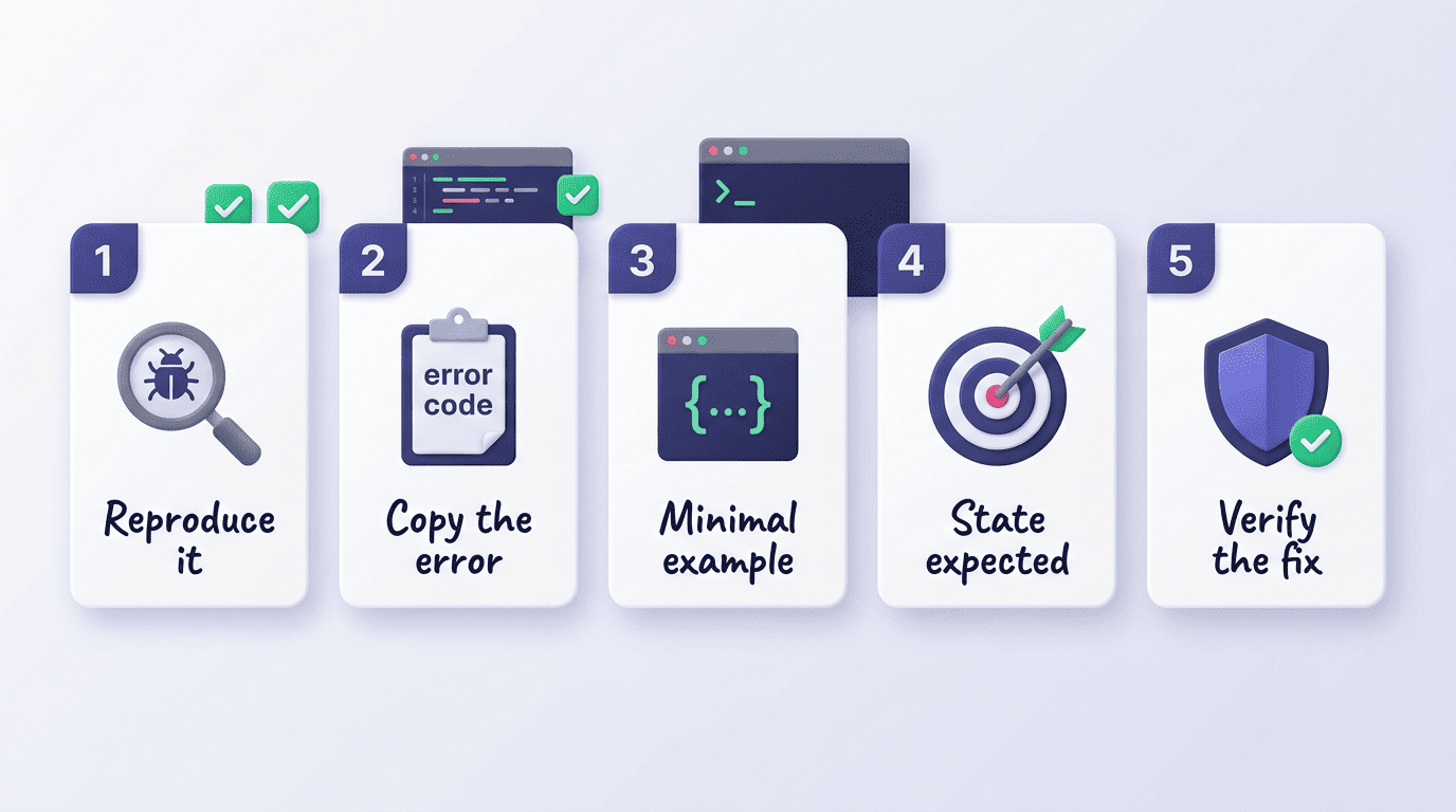 Five-step debugging checklist: reproduce it, copy the error, minimal example, state expected, verify the fix