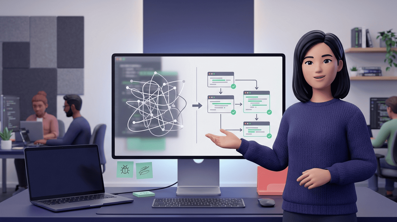 A software-engineer mentor shows an AI code writer reshaping tangled code into a clean structure