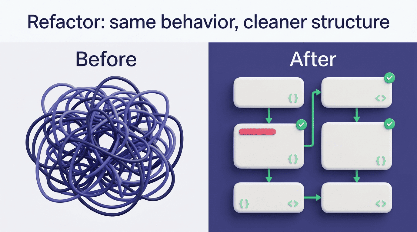 Before and after comparison of code structure: one tangled function versus several small clean functions
