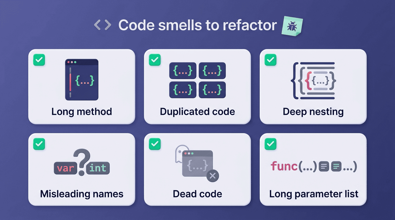 Checklist of common code smells an AI code writer flags: long method, duplicated code, deep nesting, misleading names, dead code, long parameter list