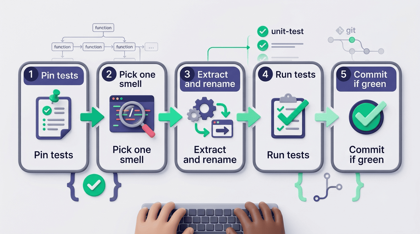 Safe AI refactoring workflow in five steps: pin tests, pick one smell, extract and rename, run tests, commit if green