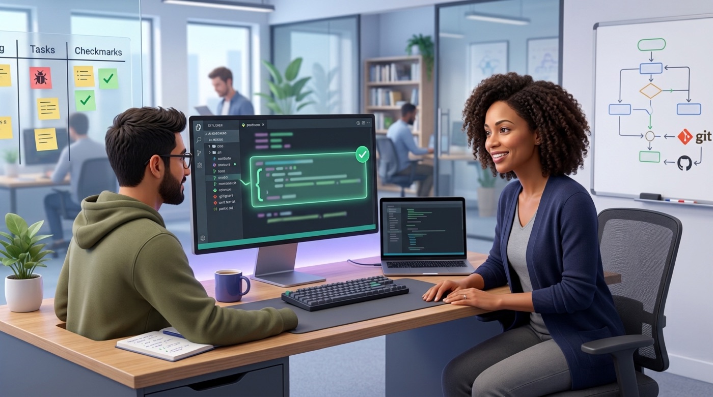 A developer's desk where an AI code writer drafts a clean function with a green checkmark
