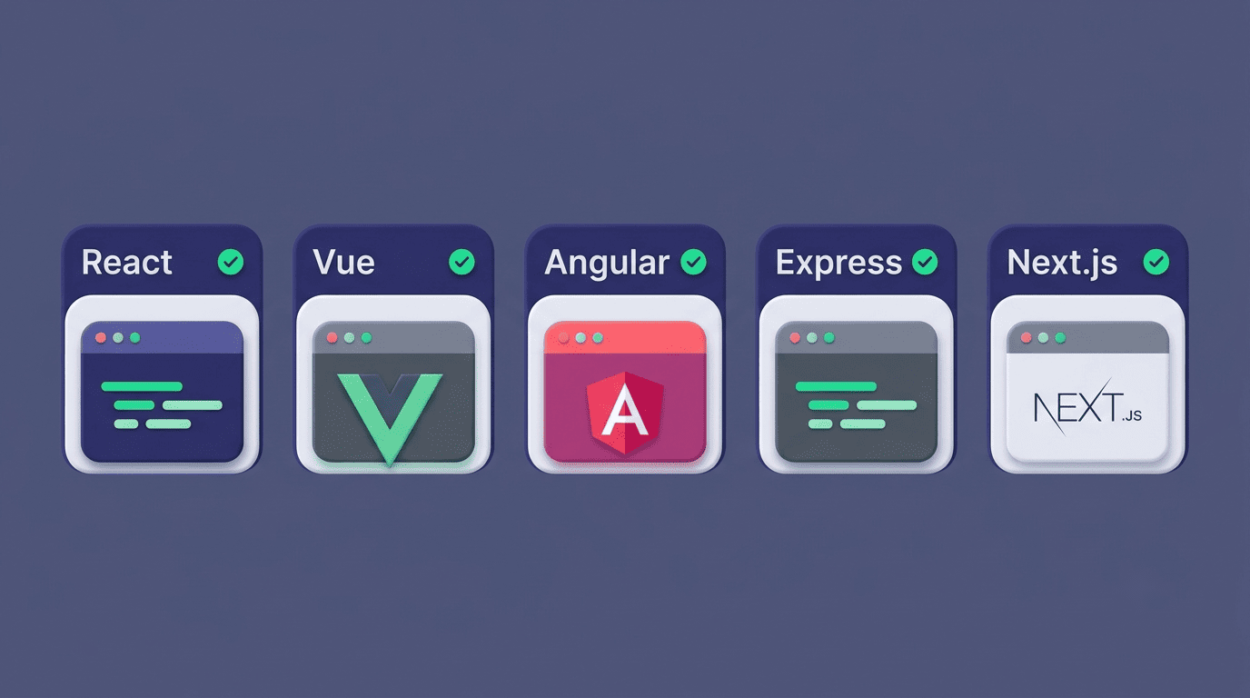 Cards showing JavaScript frameworks supported: React, Vue, Angular, Express, Next.js