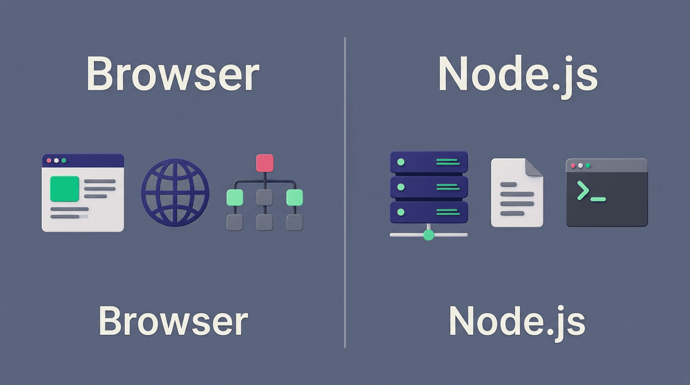 Split comparison of JavaScript in the browser versus the Node.js runtime and their APIs