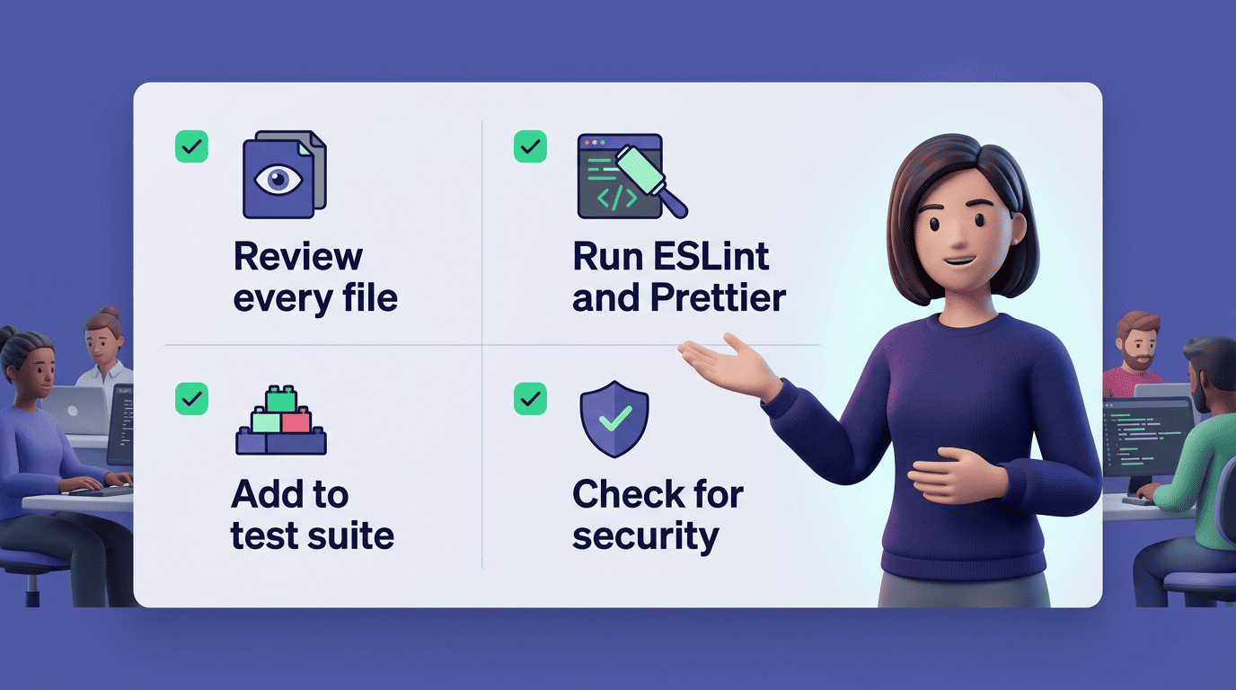 Checklist for reviewing AI-generated JavaScript: review, lint, test, and check security