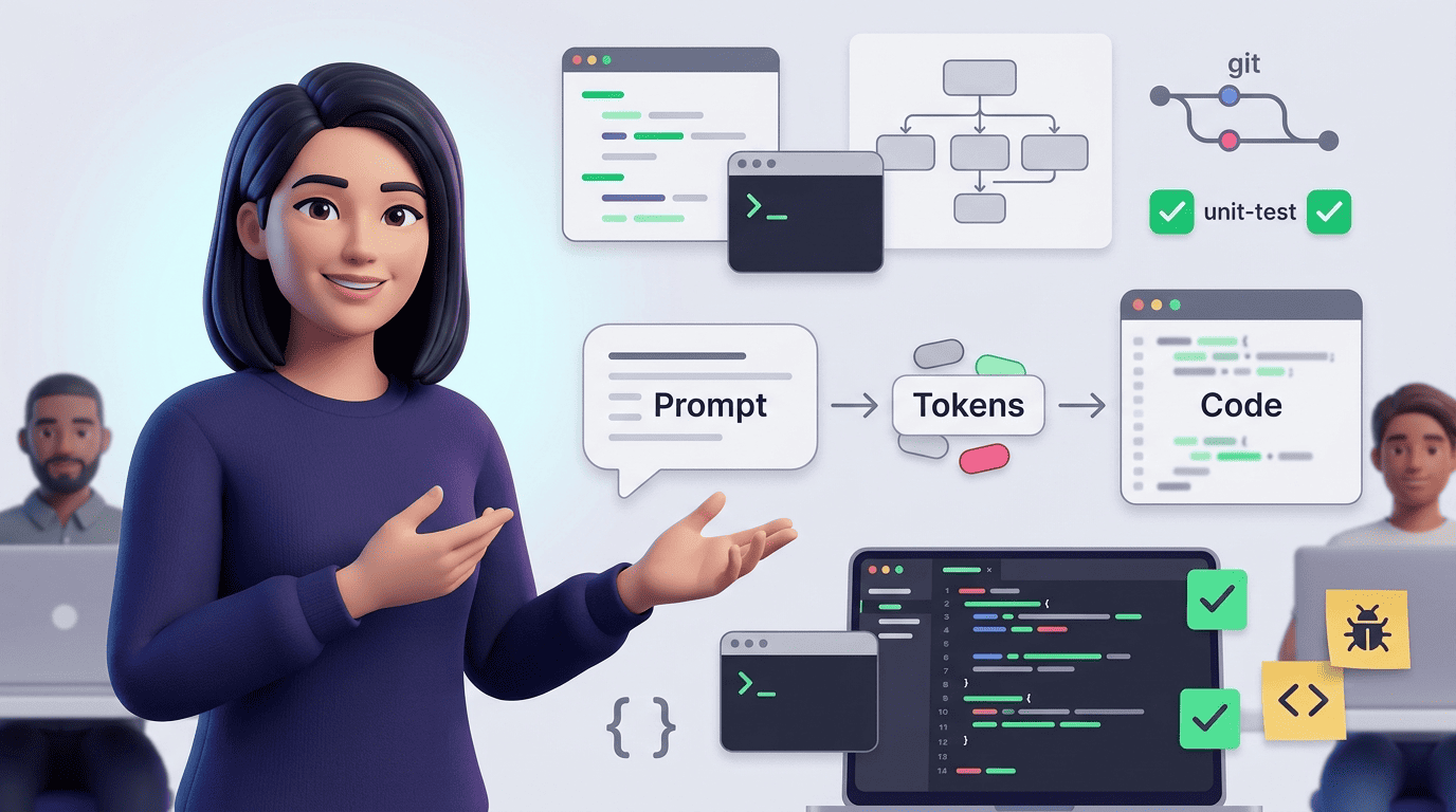 An engineer explaining the prompt to tokens to code flow of an AI code generator