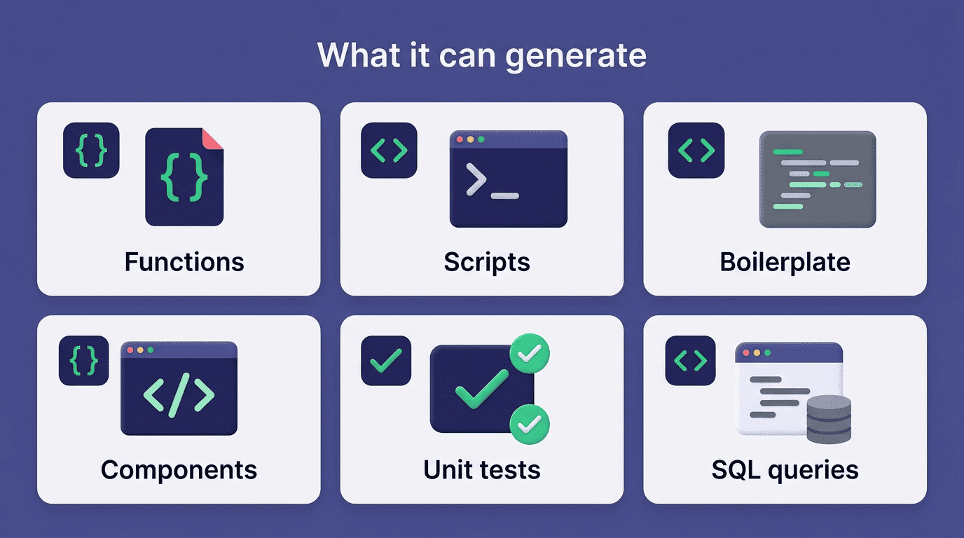 Grid of what an AI code generator can produce: functions, scripts, boilerplate, components, unit tests, SQL queries