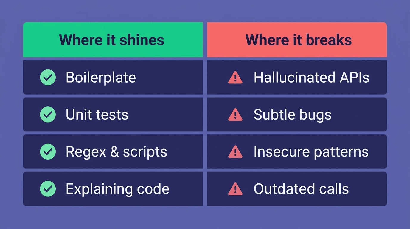Comparison of where AI code generators shine versus where they break