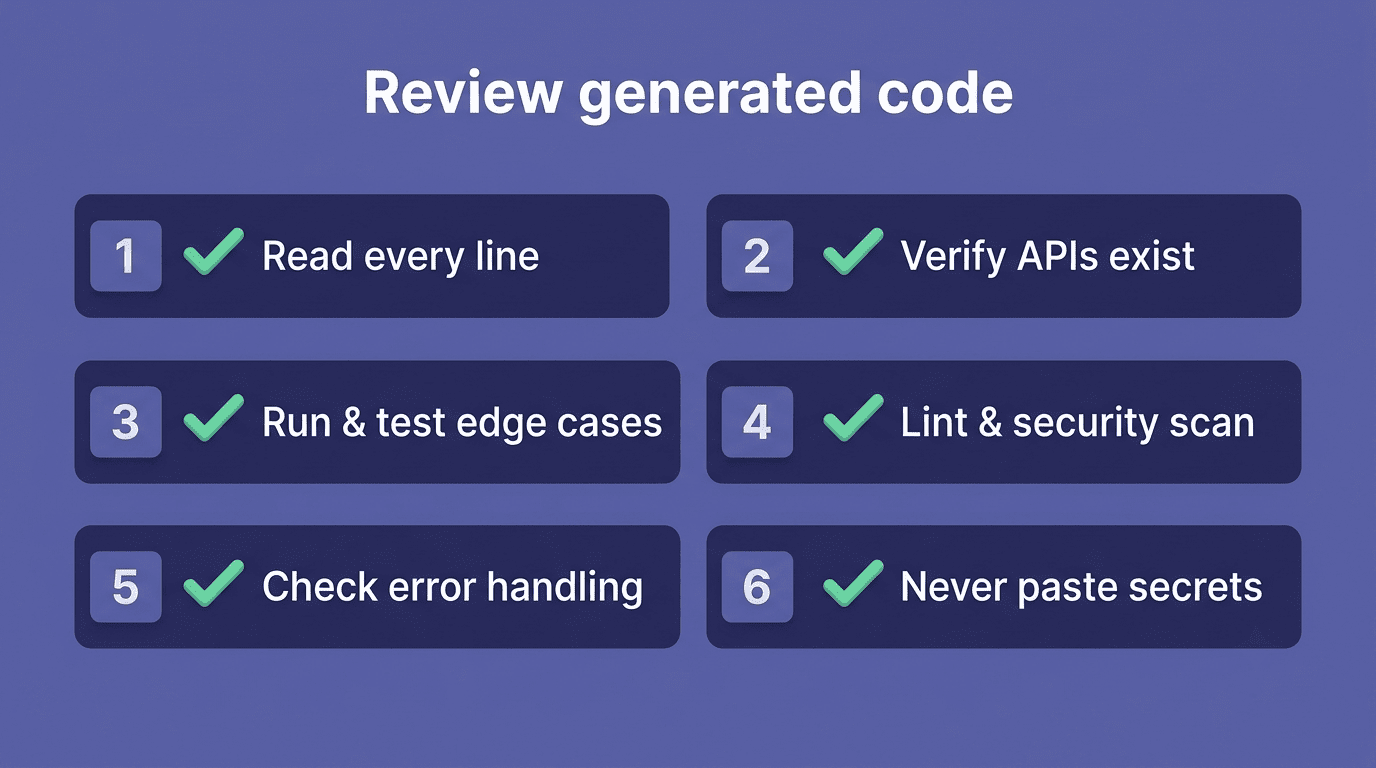 Six-step checklist for reviewing AI-generated code before shipping