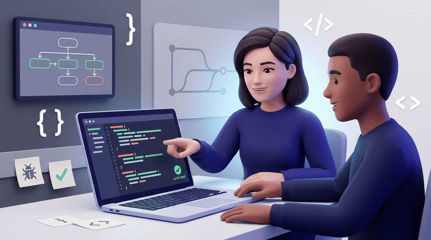 A mentor and a beginner developer reviewing code together on a laptop