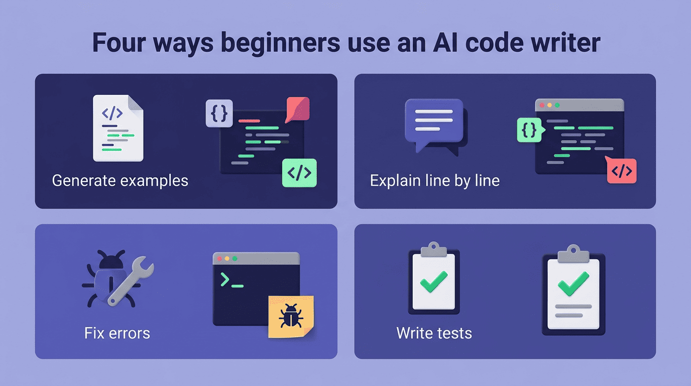 Grid of four uses: generate examples, explain line by line, fix errors, write tests