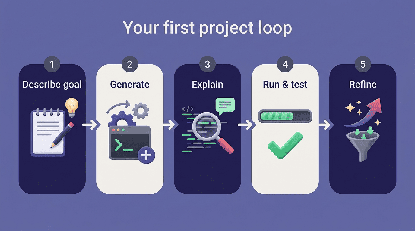 Five-step loop: describe goal, generate, explain, run and test, refine