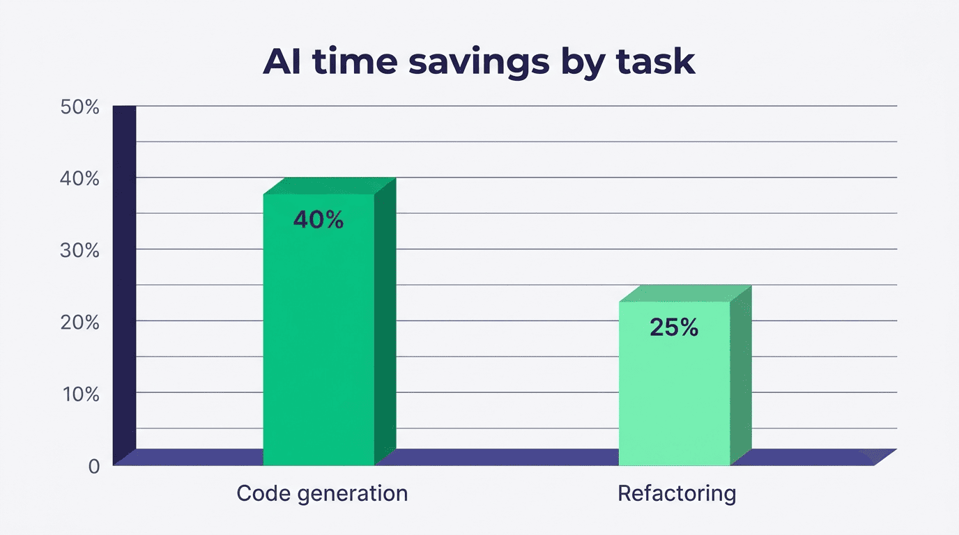 Bar chart: AI saves about 40% of time on code generation and 25% on refactoring