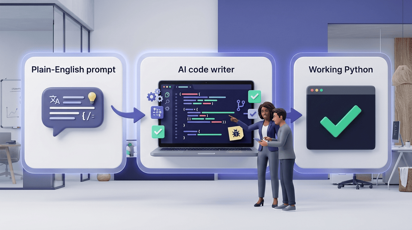 Pipeline showing a plain-English prompt becoming an AI code writer request and then working Python
