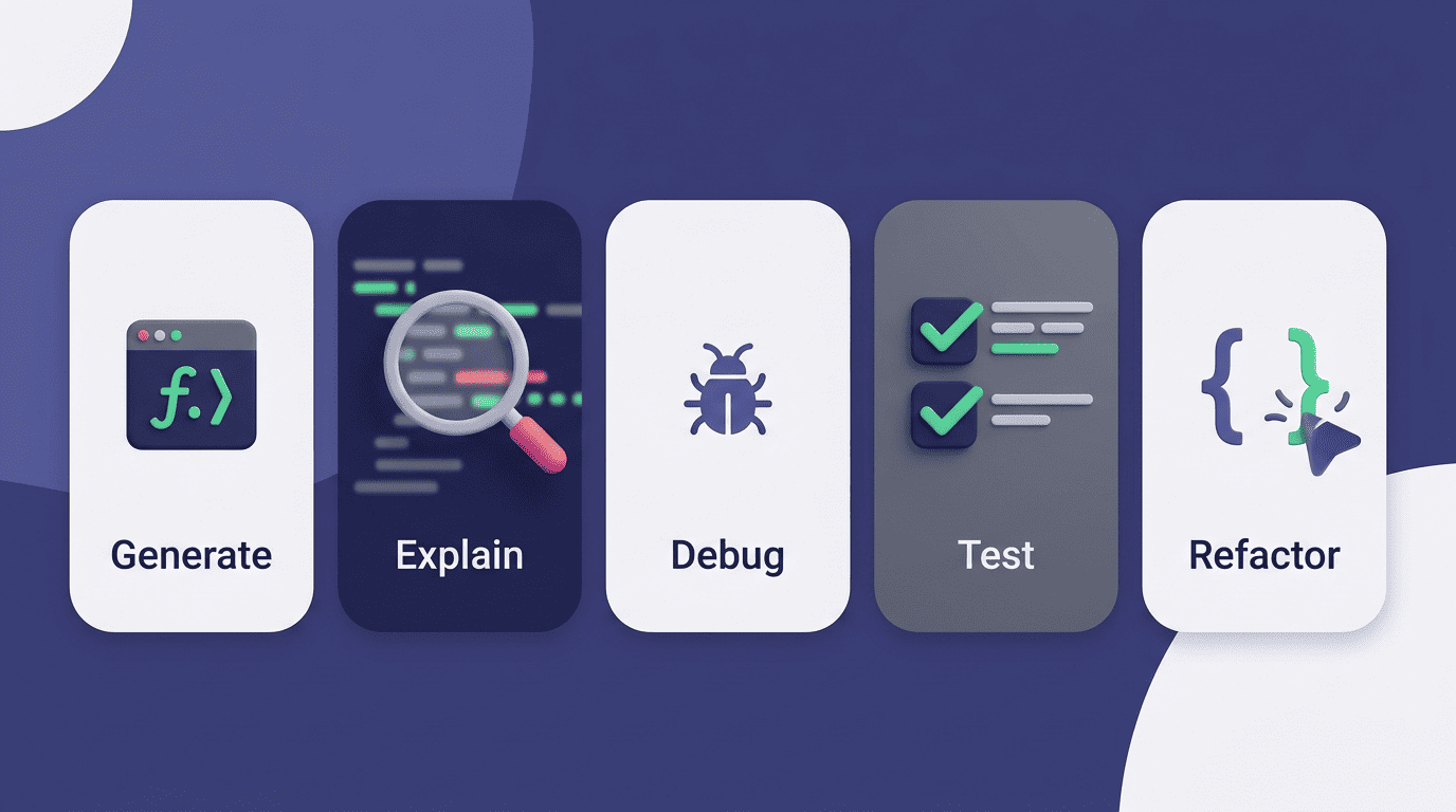 Five capability cards: generate, explain, debug, test, and refactor Python code