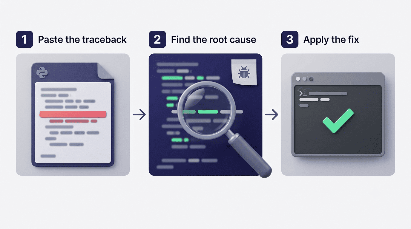 Three-step flow: paste the traceback, find the root cause, apply the fix