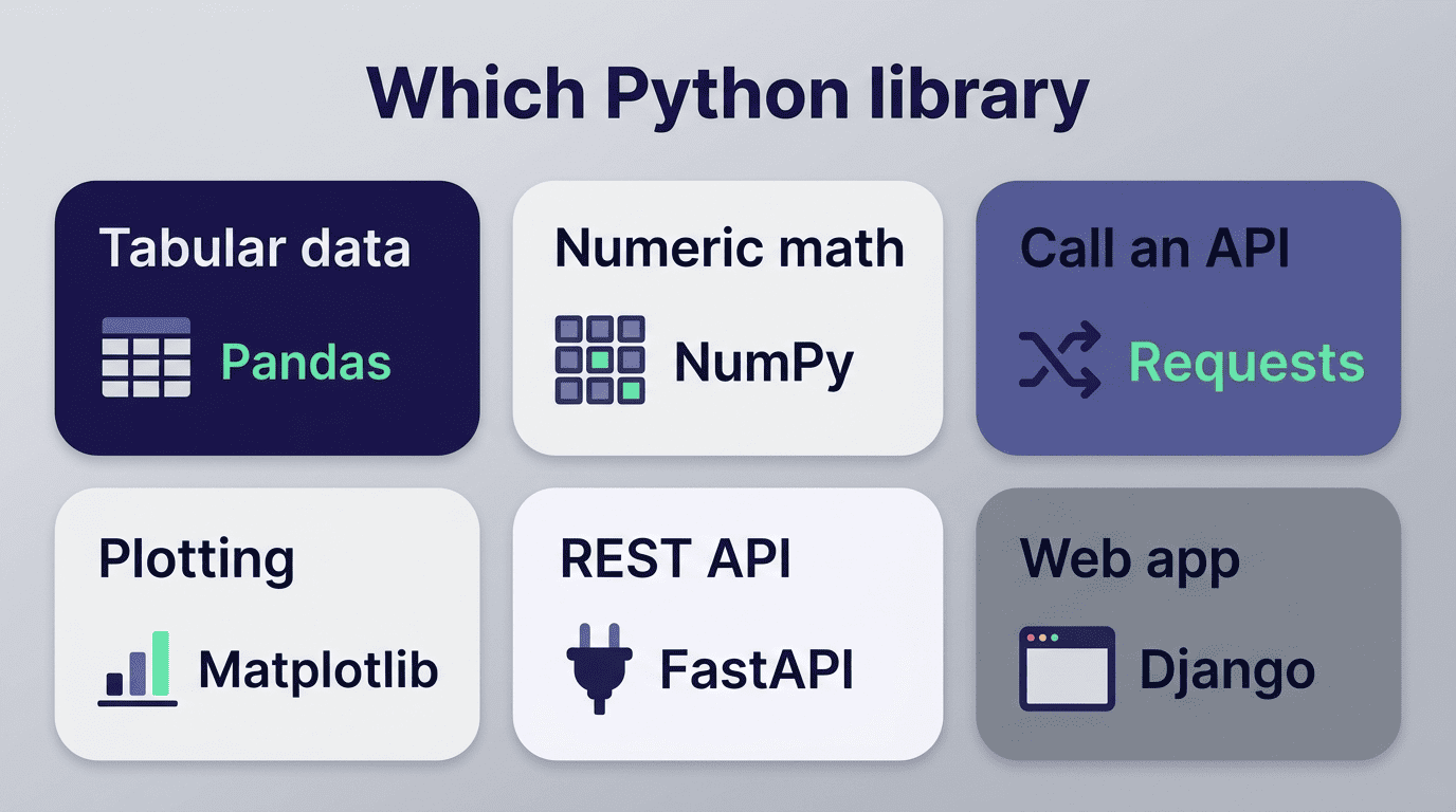Reference grid matching common Python tasks to libraries: Pandas, NumPy, Requests, Matplotlib, FastAPI, Django