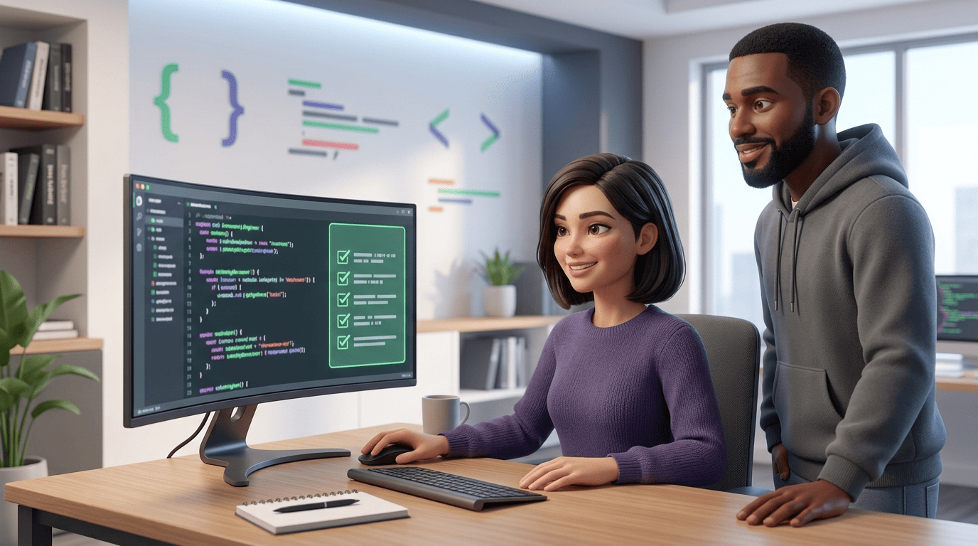 A software engineer reviewing AI-drafted Python against a checklist before shipping