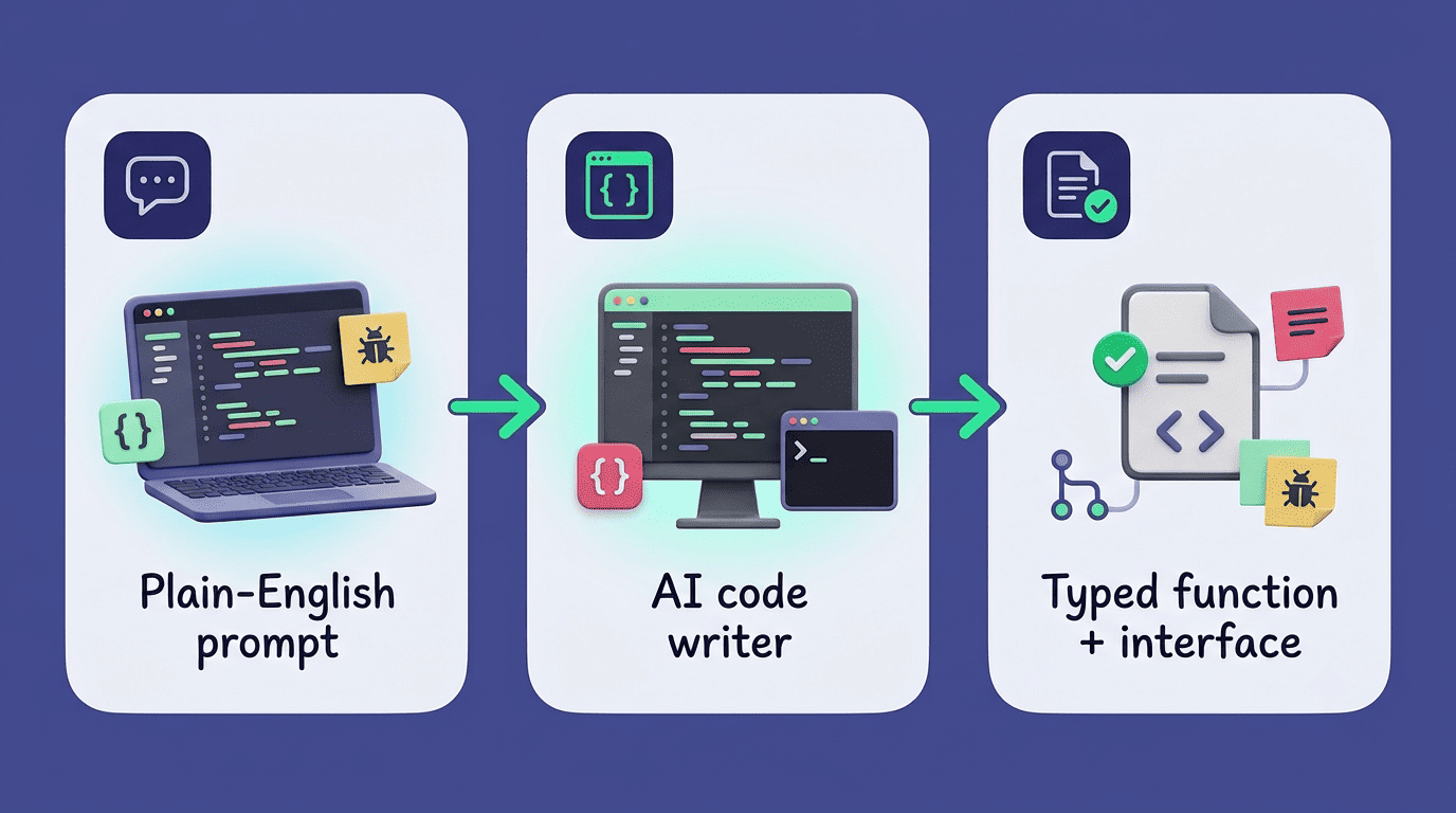 Three-step pipeline: a plain-English prompt becomes a typed function and interface