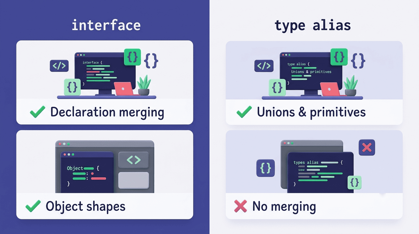 Side-by-side comparison of interface and type alias capabilities
