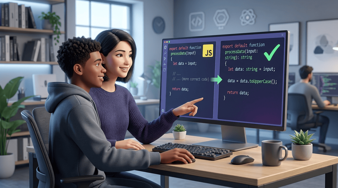 A mentor and developer watching a JavaScript function become typed TypeScript on screen
