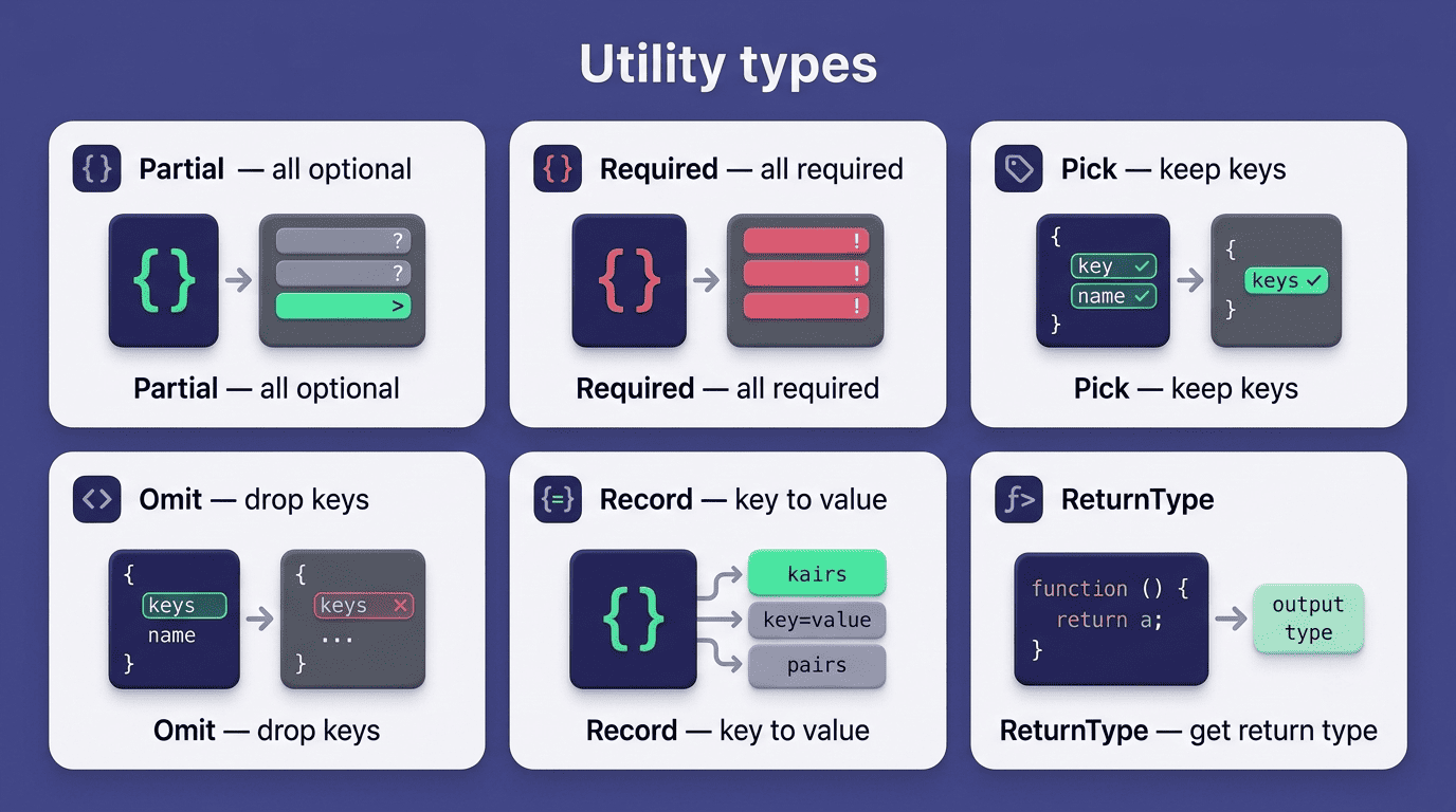 Cheat sheet of six TypeScript utility types and what each one does