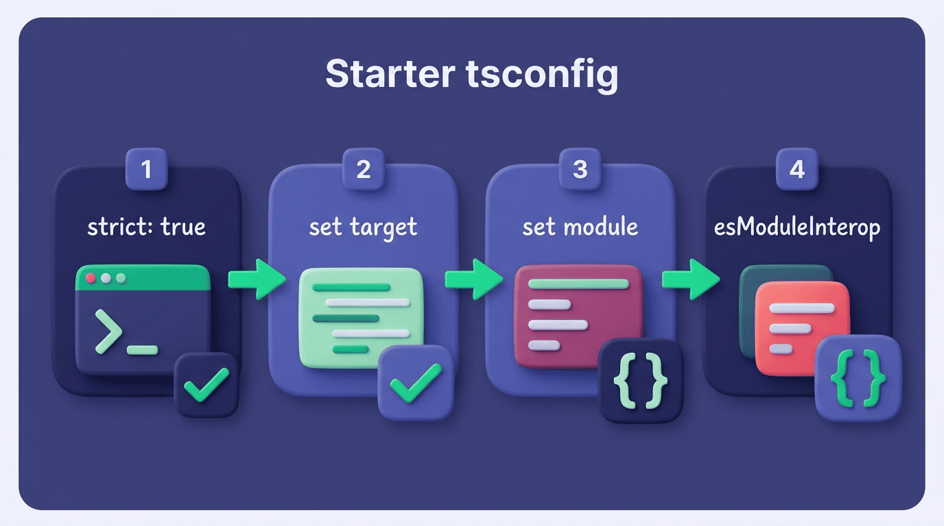 Four-step starter tsconfig flow: strict true, set target, set module, esModuleInterop