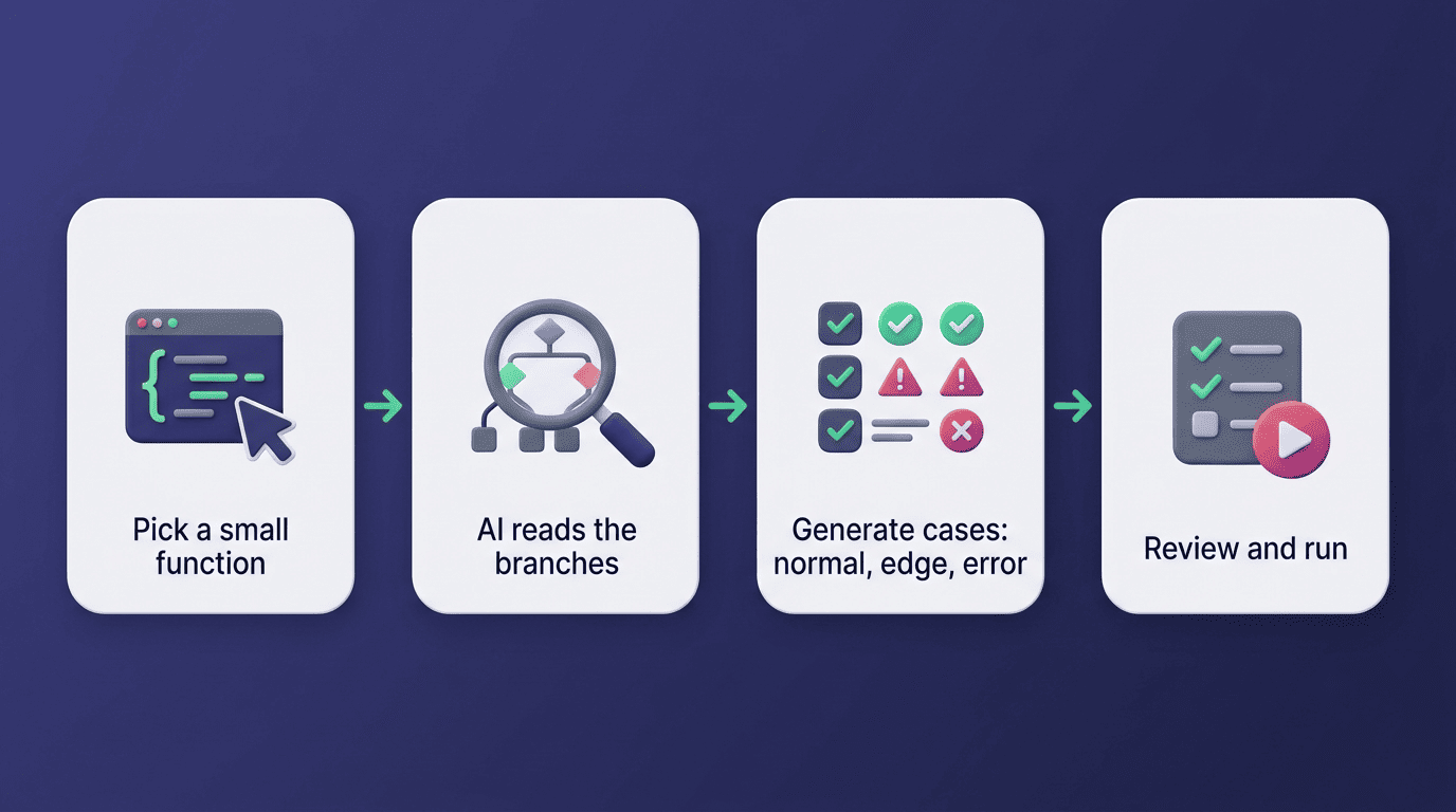 Four-step flow: pick a small function, AI reads the branches, generate normal, edge and error cases, review and run