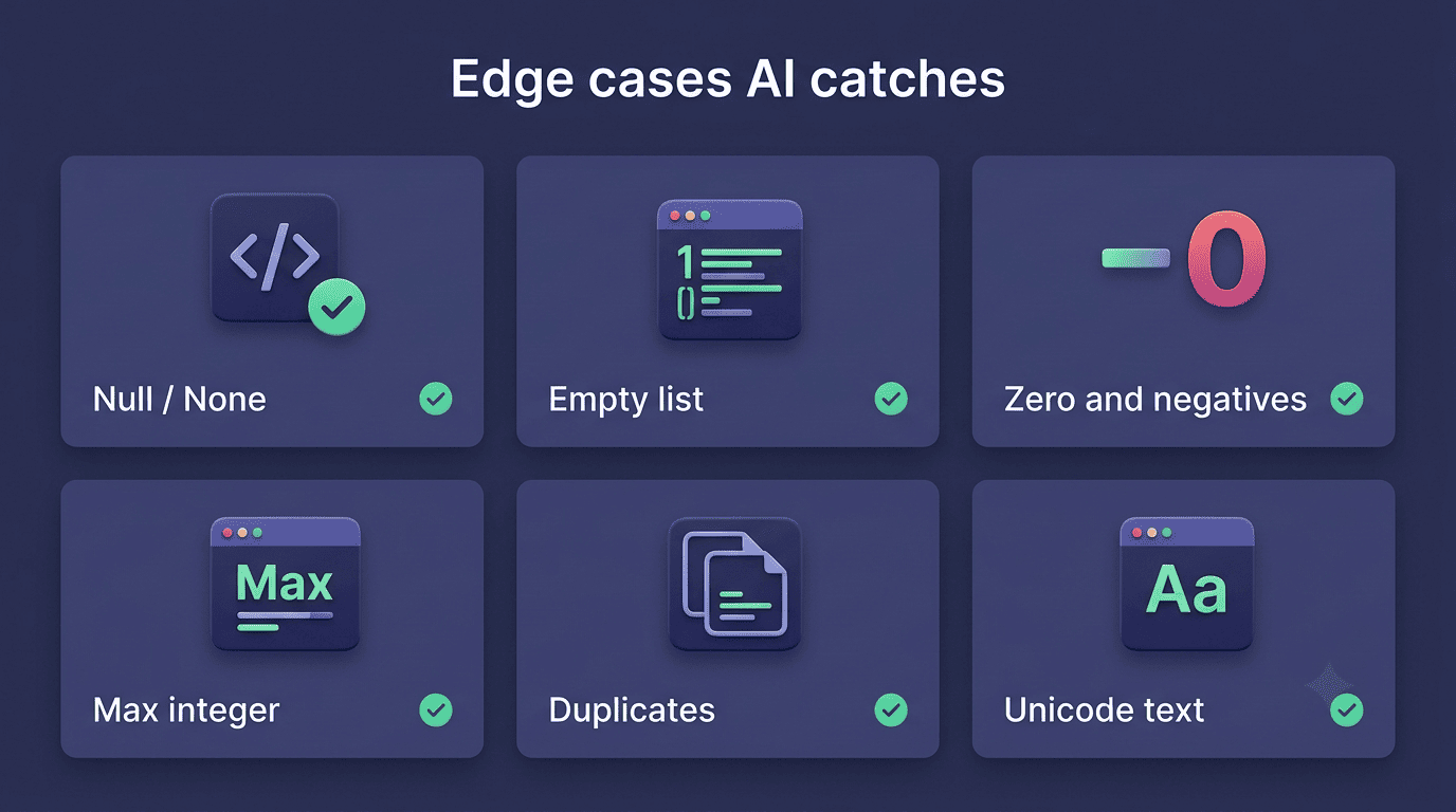 Checklist of edge cases an AI catches: null or none, empty list, zero and negatives, max integer, duplicates, unicode text