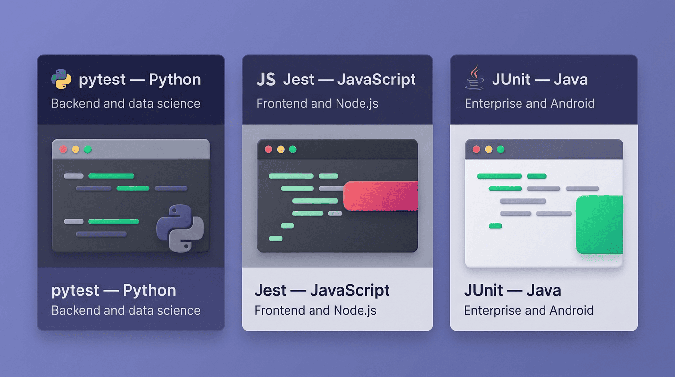 Comparison of unit test frameworks: pytest for Python, Jest for JavaScript, JUnit for Java