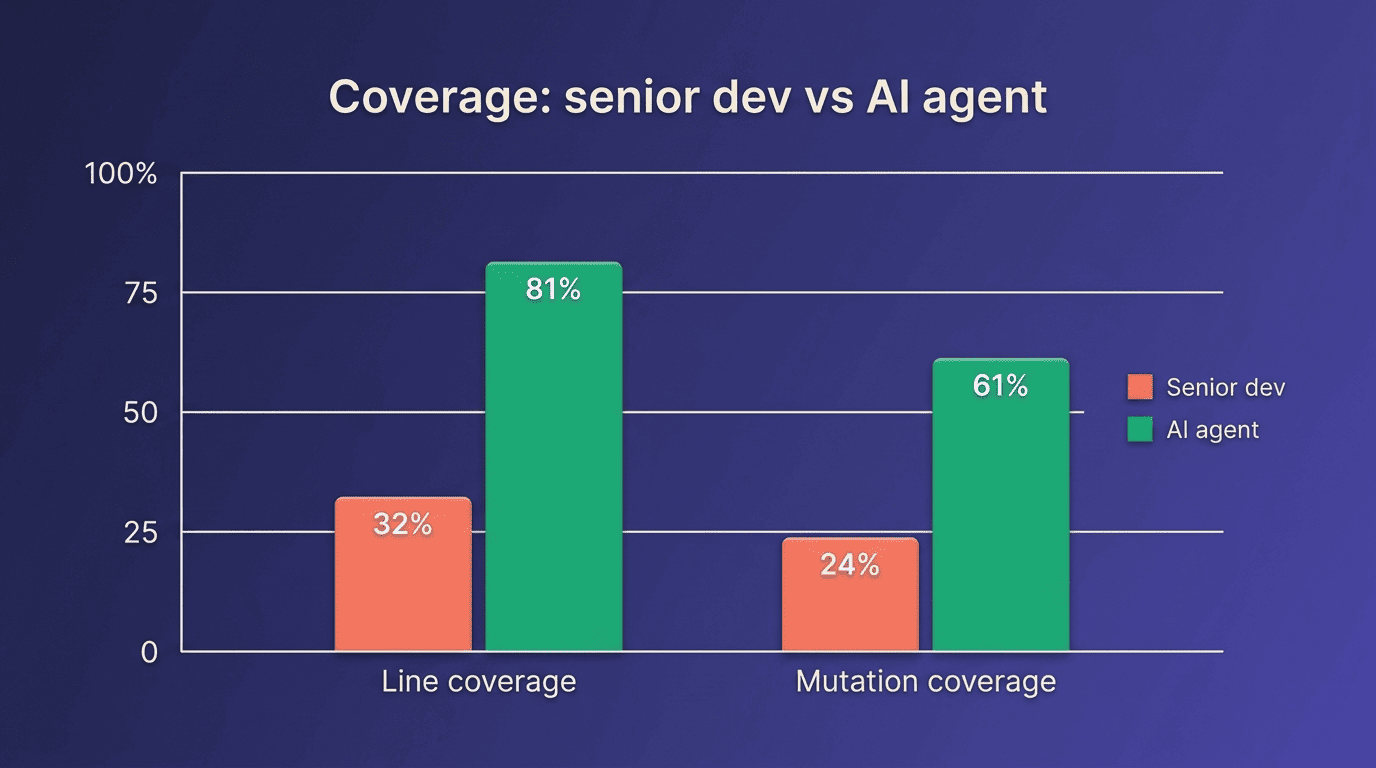 Bar chart comparing line coverage 32% vs 81% and mutation coverage 24% vs 61% for senior dev vs AI agent