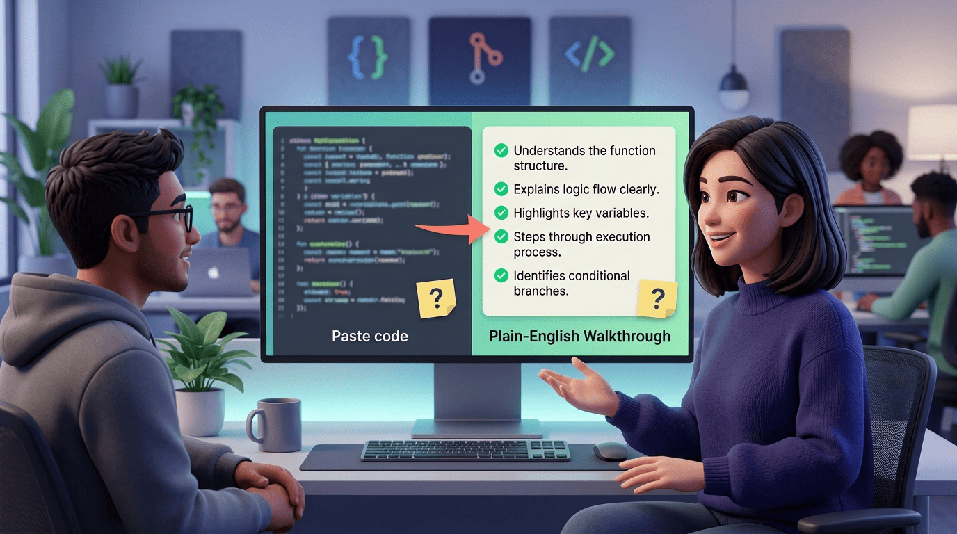 An AI code writer turns a pasted code snippet into a plain-English walkthrough