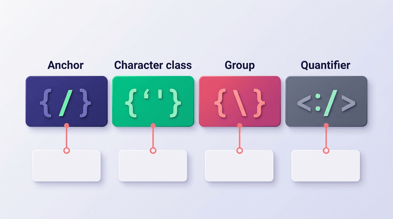 A regex pattern broken into labeled tokens: anchor, character class, group, quantifier