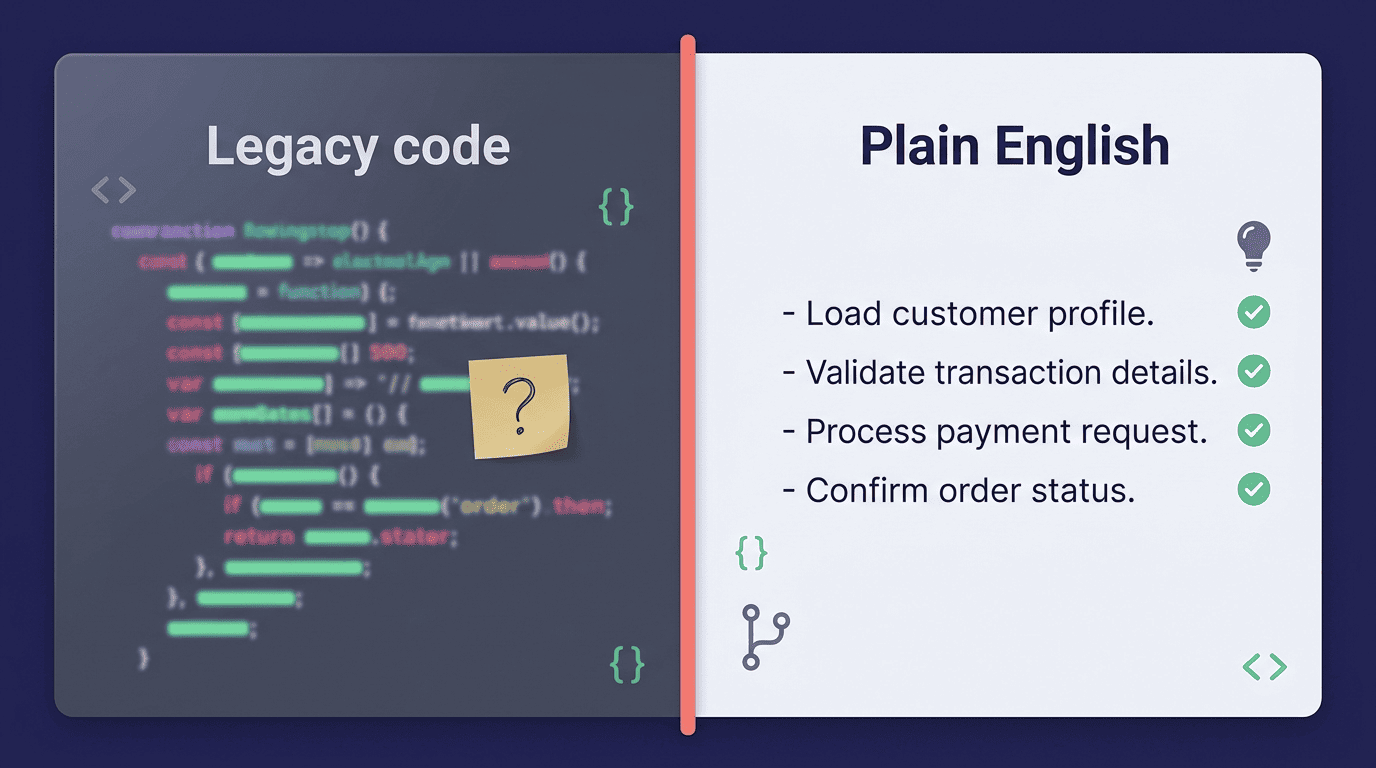 Split screen comparing cryptic legacy code with a plain-English summary of what it does