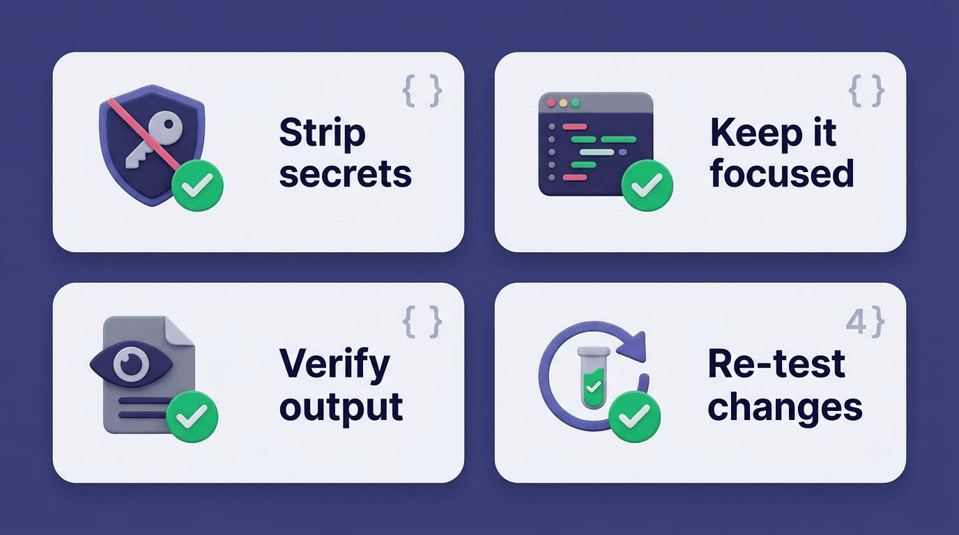 Safe-use checklist: strip secrets, keep it focused, verify output, re-test changes