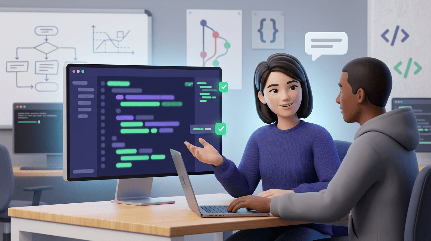 Female engineer and a developer watching a plain-English request turn into highlighted code on screen