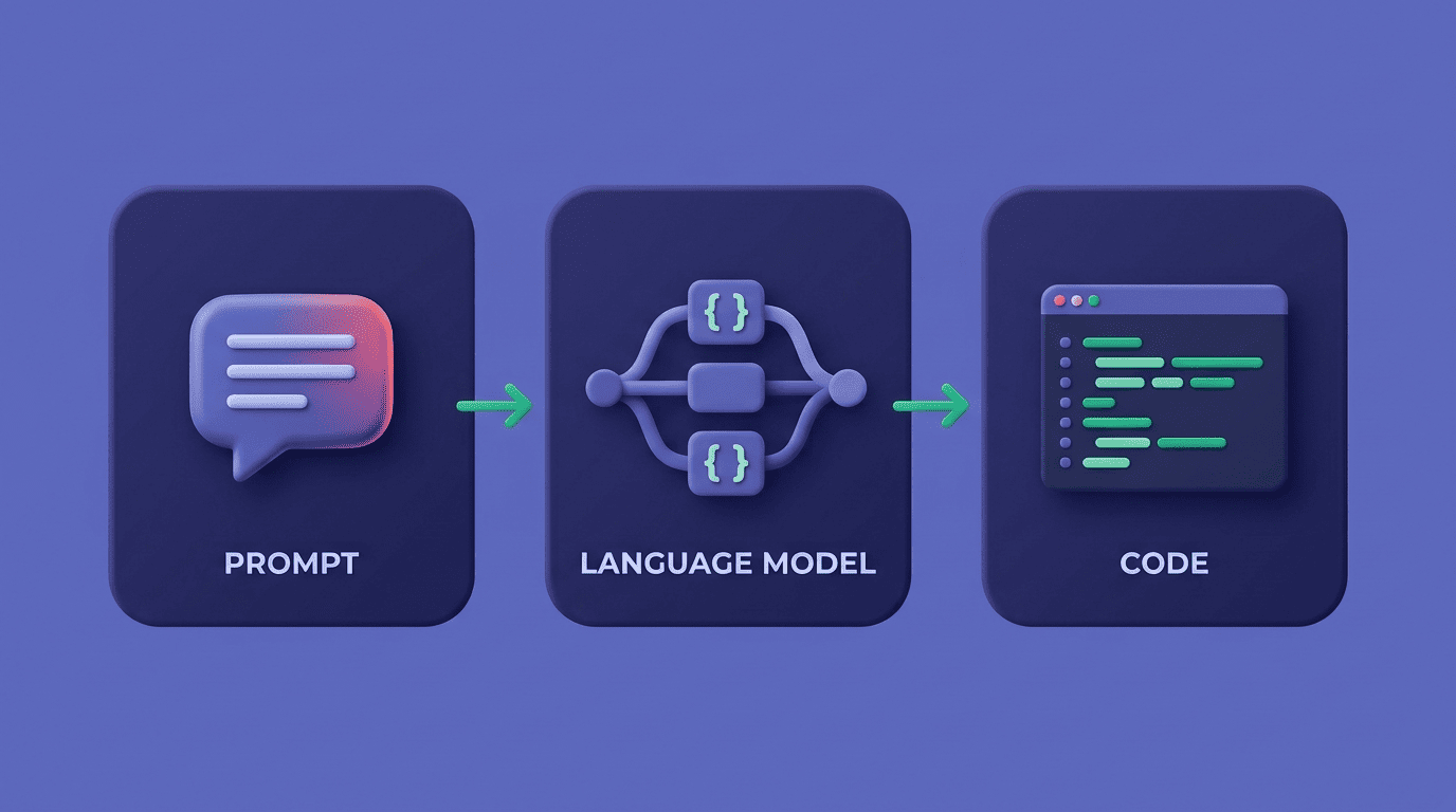 Three-step diagram: prompt, language model, code