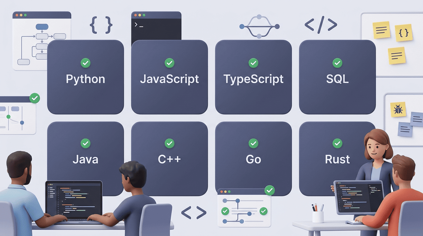 Grid of supported languages with green checkmarks: Python, JavaScript, TypeScript, SQL, Java, C++, Go, Rust