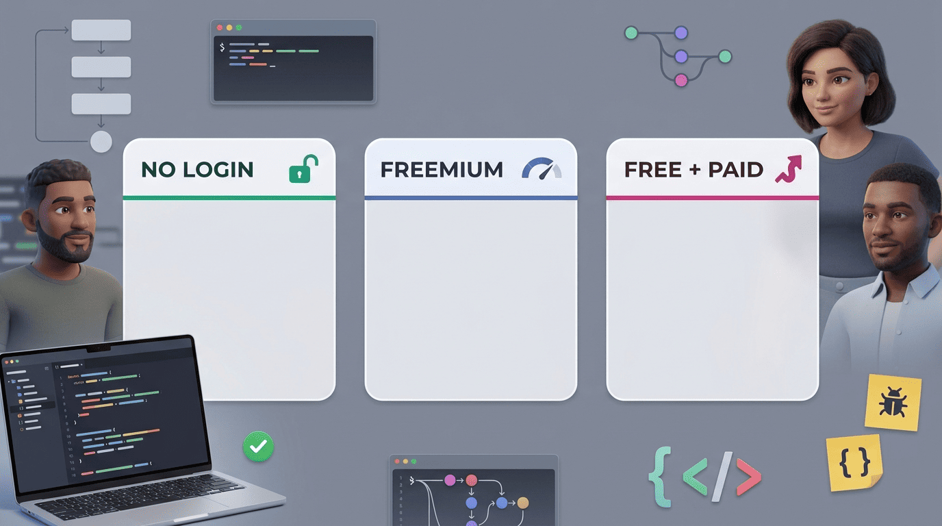 Comparison of No login, Freemium and Free plus paid AI code tools