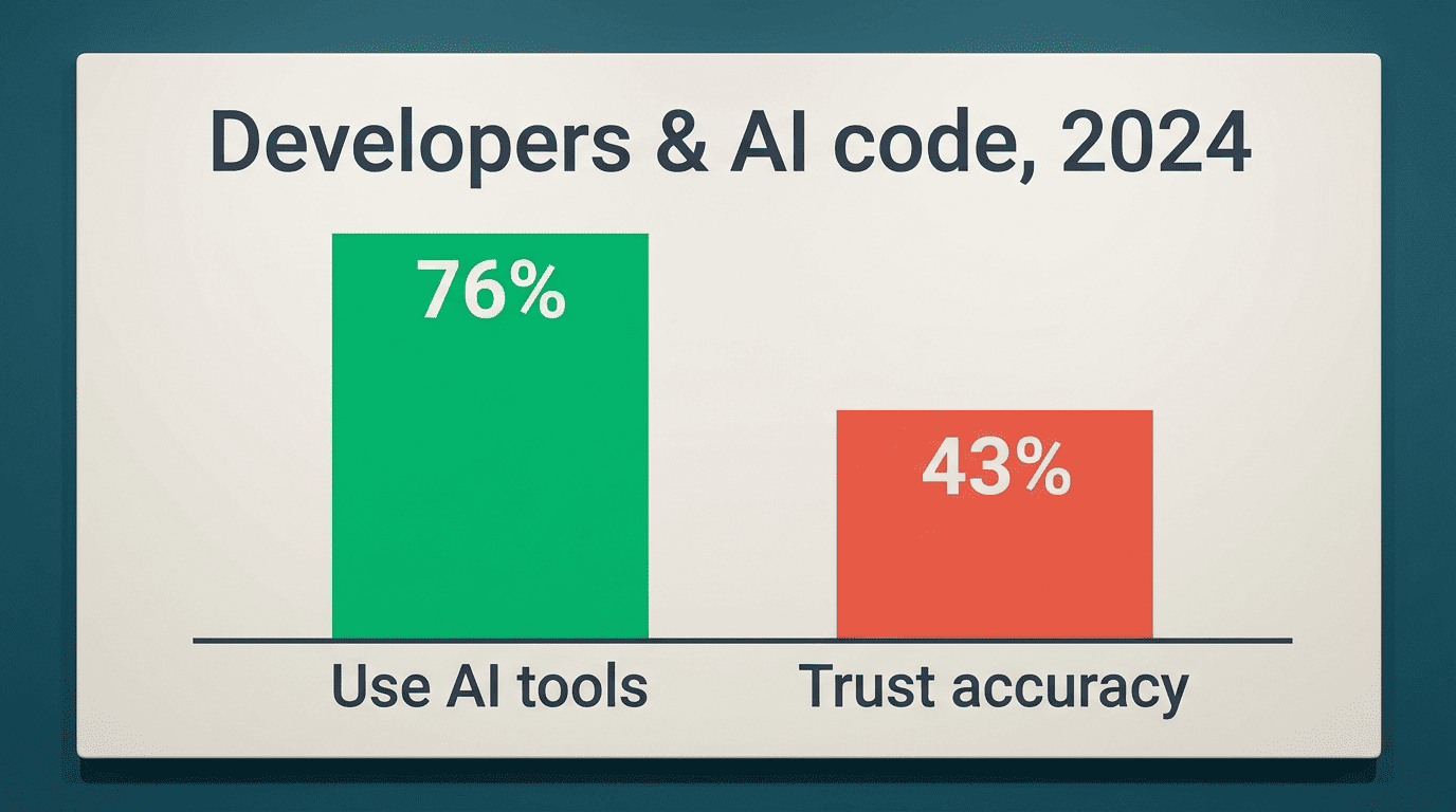 Bar chart: 76 percent of developers use AI tools versus 43 percent who trust accuracy, 2024