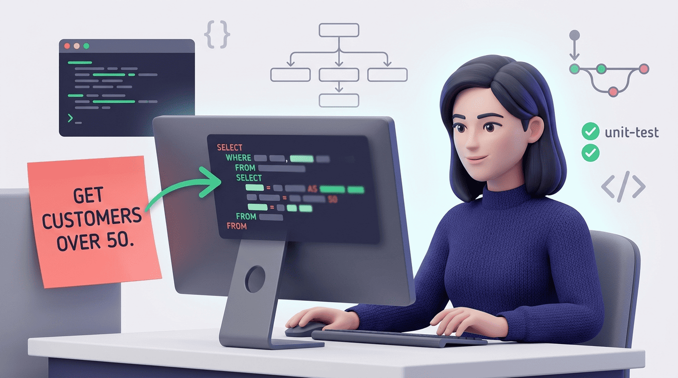 A developer watching a plain-English request turn into a syntax-highlighted SQL query on screen