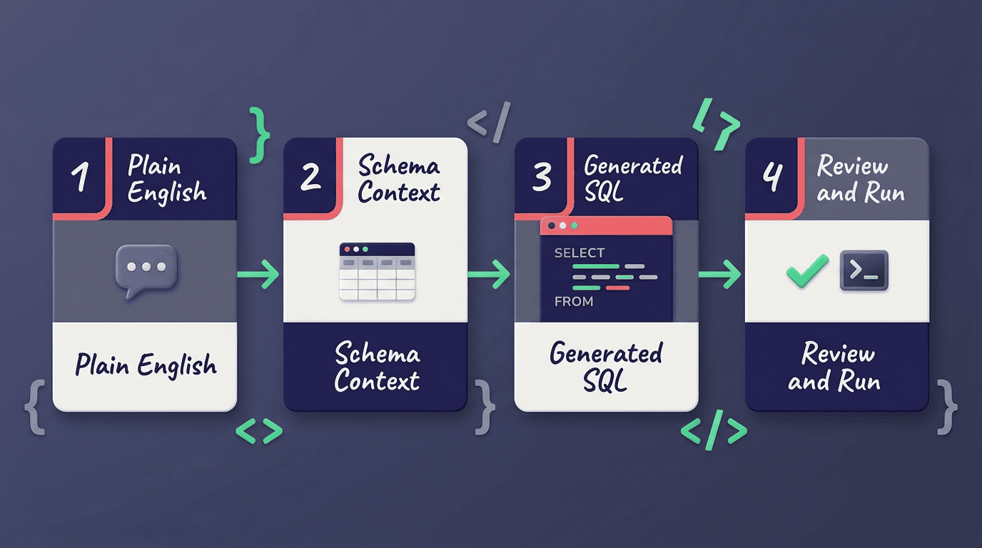 Four-step flow: plain English, schema context, generated SQL, review and run