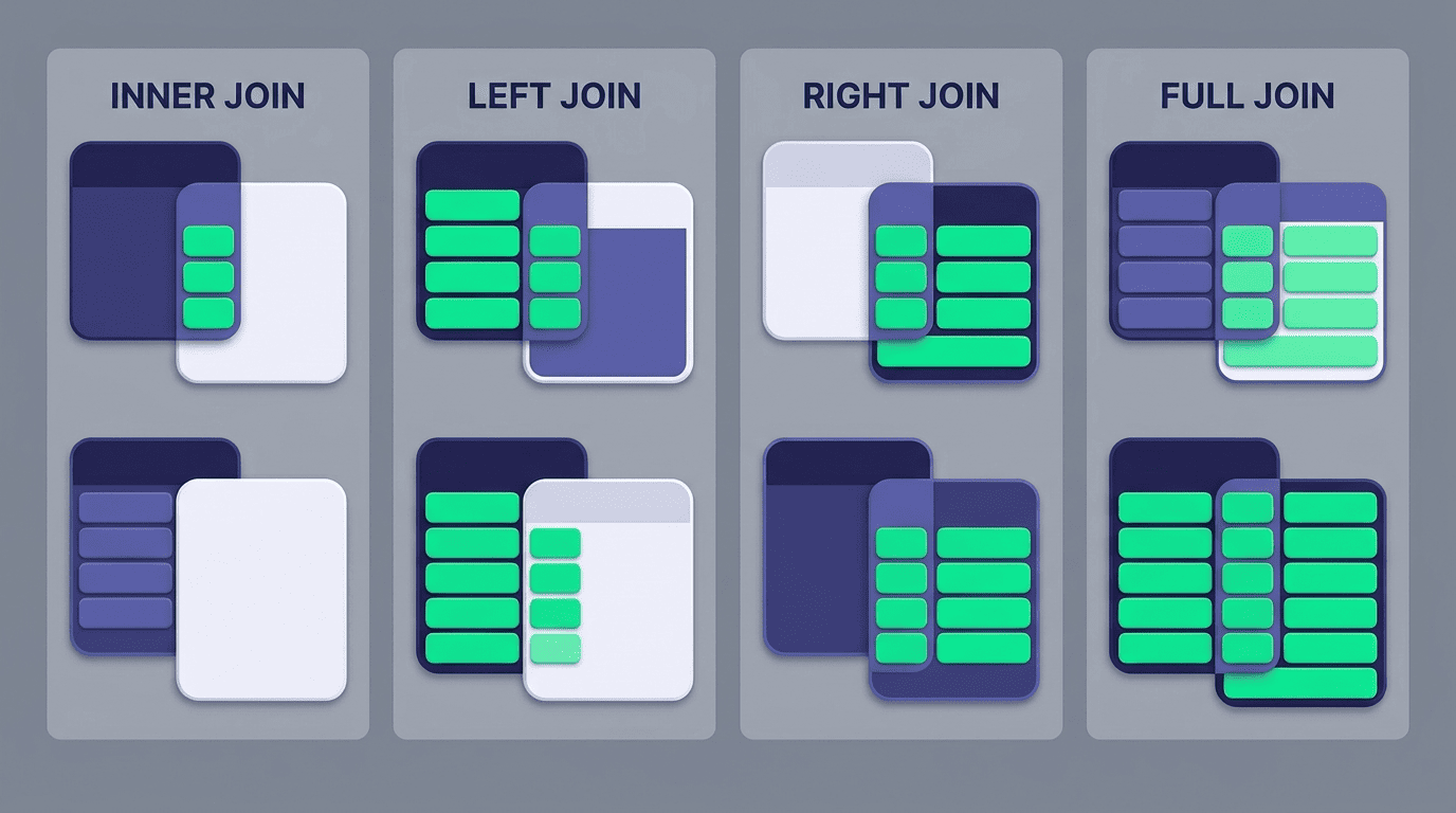 Comparison of INNER, LEFT, RIGHT and FULL JOIN showing which rows each keeps