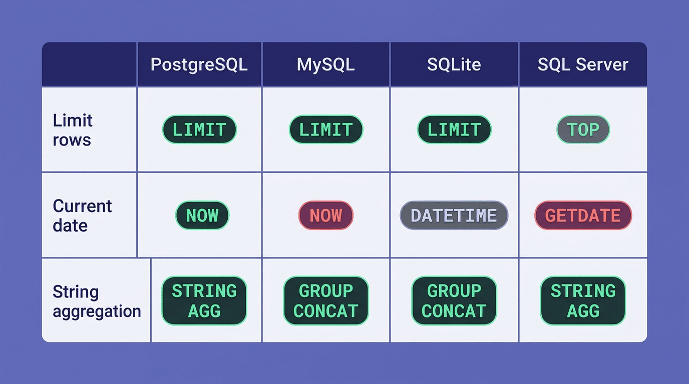 Dialect comparison table of LIMIT vs TOP, NOW vs GETDATE, STRING_AGG vs GROUP_CONCAT across four databases