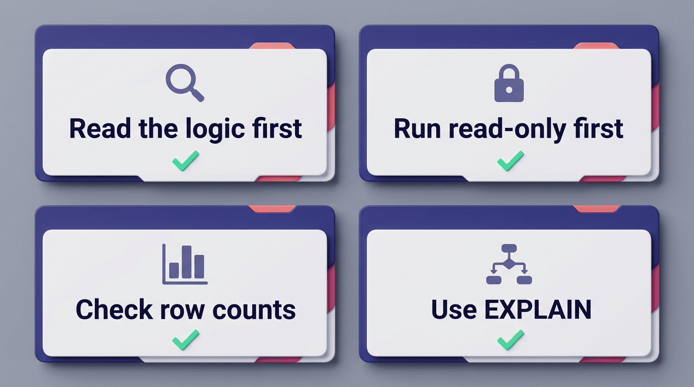 Trust-but-verify checklist: read the logic, run read-only, check row counts, use EXPLAIN